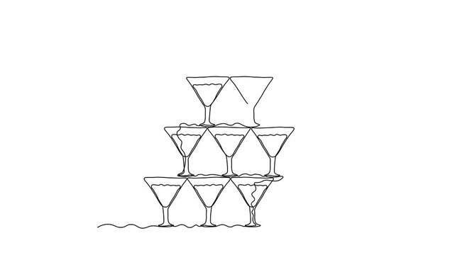 slide of champagne, a fountain of champagne, pyramid of champagne, cascade martinis,alcohol,cocktails. Self drawing animation one continuous line draw, logo