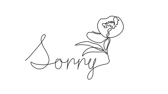 The word is sorry, to be guilty and to ask for forgiveness, apologies. And flower peony, Self drawing animation one continuous line draw, logo