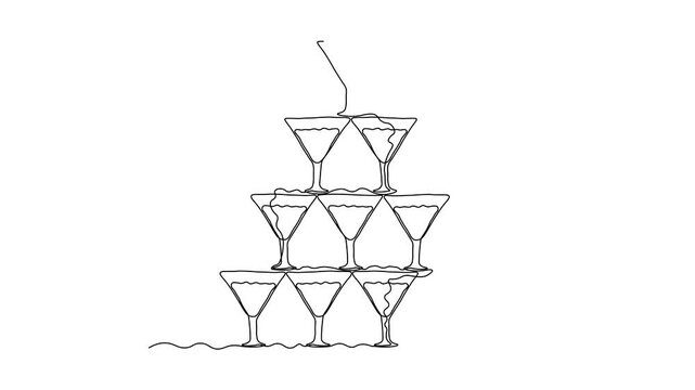 slide of champagne, a fountain of champagne, pyramid of champagne, cascade martinis,alcohol,cocktails. Self drawing animation one continuous line draw, logo