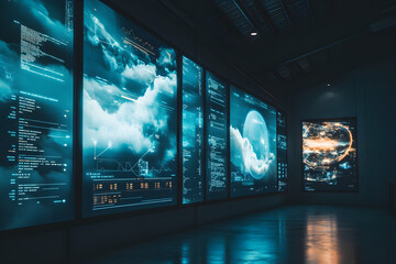 A futuristic weather forecasting station featuring advanced technology displays with data and graphics illustrating weather patterns and atmospheric conditions