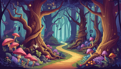 Naklejka premium Mystical woodland with ancient trees lush vegetation and sparkling fairy lights background