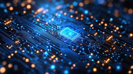 Glowing Blue Circuit Board with Processor Chip