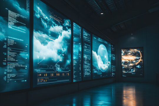 A futuristic weather forecasting station featuring advanced technology displays with data and graphics illustrating weather patterns and atmospheric conditions