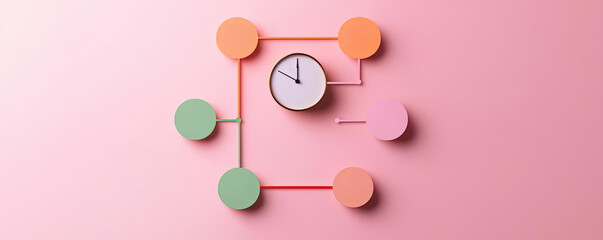 Creative clock design with colorful circles on a pink background, representing time management and productivity concepts.
