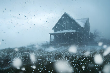 A house stands alone in a storm, battered by large hailstones while snow swirls around, creating a dramatic and moody atmosphere in the wintry landscape