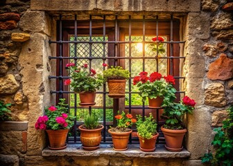 Fototapeta premium Surreal Medieval Barred Window with Flower Pots and Lush Plants on Windowsill in Enchanting Atmosphere for Unique Home Decor and Art Photography