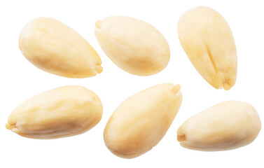 Obraz premium Set of blanched almonds nuts isolated on white background. File contains clipping paths.