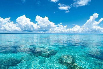 Fototapeta premium A serene scene of the clear blue sky and turquoise ocean, with fluffy white clouds in the background. The water is crystal clear, reflecting the vibrant colors of the sky above it. 