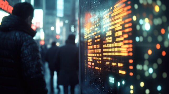Blurred view of individuals observing a digital stock market screen showcasing live trading information with illuminated numerical figures