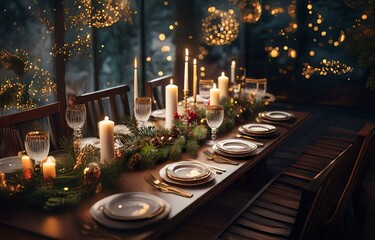 A beautifully decorated table setting for a holiday dinner.  The table is adorned with a garland of evergreen branches, pine cones, berries and candles, with golden accents and plates set on a wooden 