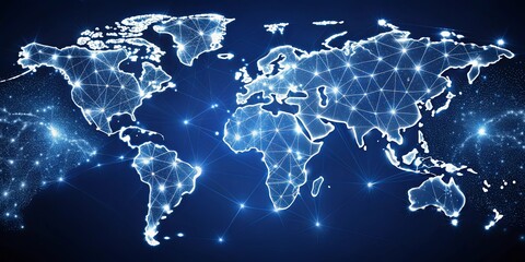 Fototapeta premium A luminous constellation of interconnected points forming the outline of a world map, symbolizing global communication and interconnectedness