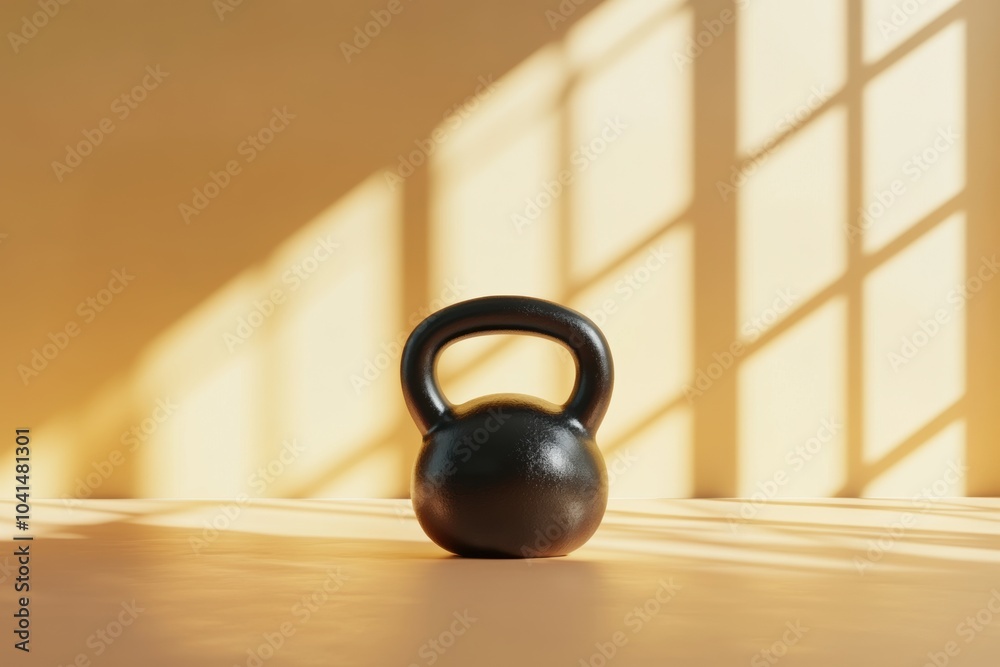 Poster A black kettlebell rests on a wooden surface, illuminated by soft sunlight streaming through the windows, creating a tranquil workout environment. Generative AI
