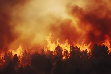 An intense wildfire spreading across a forest, engulfing trees in flames and smoke, creating a dramatic and destructive scene