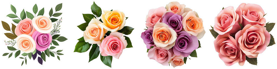 Fototapeta premium A beautiful arrangement of roses in various colors, showcasing delicate petals and lush green leaves against a dark background.