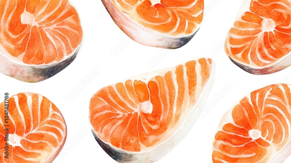 Wall mural a watercolor illustration of salmon slices, showcasing vibrant colors and textures.