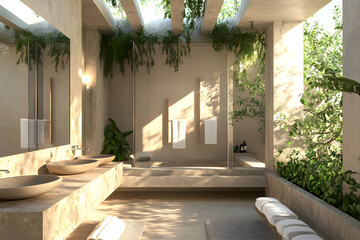 Fototapeta premium A stunning eco-villa bathroom featuring natural stone sinks, expansive windows, and greenery that creates a tranquil atmosphere