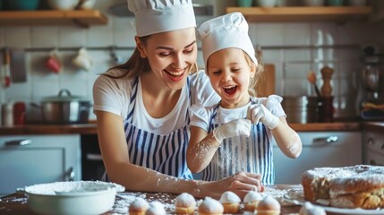 A mother and daughter joyfully bake cookies in the kitchen, dressed in matching attire. The counter is filled with pastries, emphasizing a heartwarming shared learning experience.