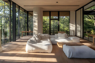 A minimalist living room features natural light, soft textures, and eco-friendly materials, surrounded by lush greenery in an ecological villa