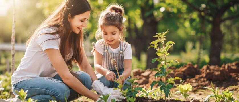 A heartwarming image of a mother and daughter gardening together, smiling in a vegetable garden at sunset, bathed in warm light. - Powered by Adobe