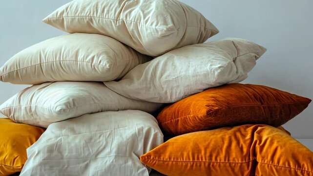 A stack of white and orange pillows sits on a surface