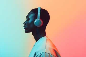 Minimalistic shot of a a young black man wearing wireless headphones with a colorful gradient background emphasizing relaxation and focus