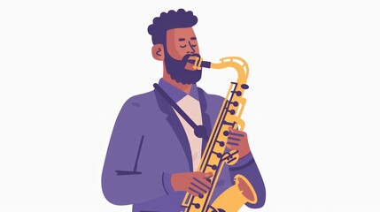 Naklejka premium An engaged African American man in a purple suit plays a gold saxophone against a plain light background, drawing attention to the musician and his instrument.