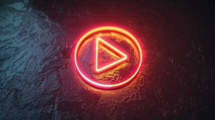 Neon play button in red ring on dark textured background emits cyberpunk vibe with red and yellow glow. Aesthetically vibrant and industrial.