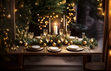 A beautifully set table with gold accents and greenery.