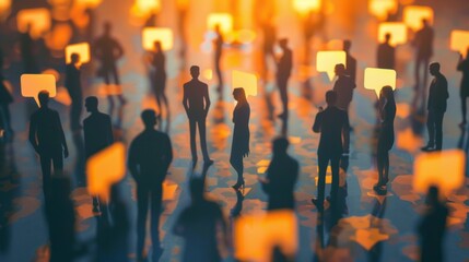 Obraz premium Vivid 3D image of people made of orange particles in a bustling crowd, with glowing speech bubbles, creating a dynamic, otherworldly social scene.