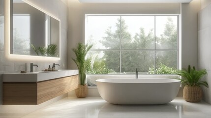 Sleek modern bathroom with large mirror and clean fixtures, no people, with space for text