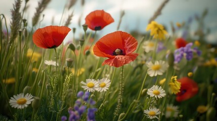Naklejka premium Colorful meadow featuring blooming poppy daisy and flaxseed flowers showcasing a vibrant wildflower field and the beauty of nature in summertime