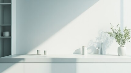 Fototapeta premium Sleek modern kitchen with clean surfaces and minimalist decor, no people, with space for text