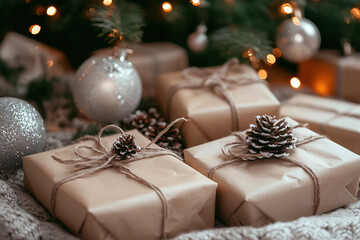 Rustic Christmas Gifts Wrapped in Natural Paper with Pinecones and Ornaments