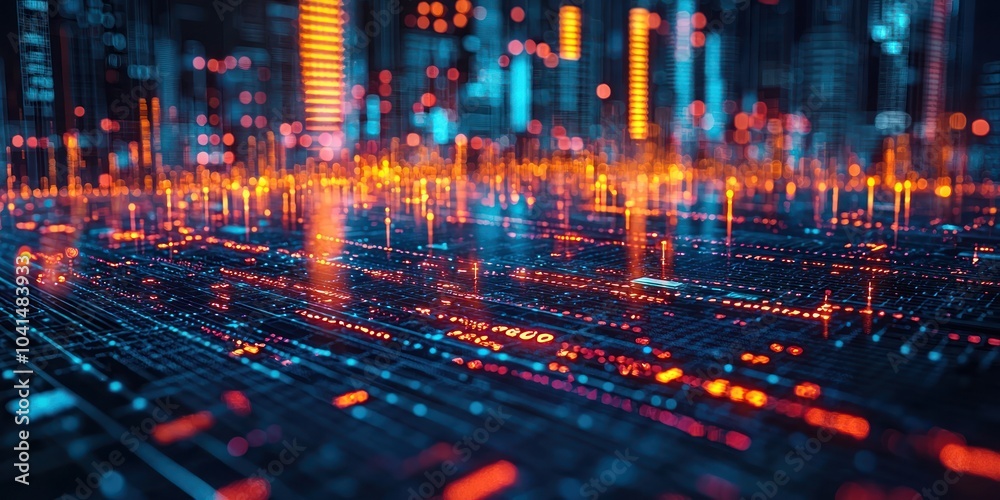 Poster abstract digital cityscape with glowing lines and bokeh lights