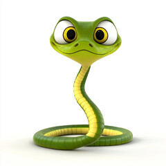 Fototapeta premium cheerful green snake character with large expressive eyes and friendly smile, coiled in playful pose against white background. This 3D render captures whimsical and fun design
