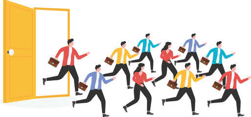 A group of businessmen run from the door to the outside, competition and speed
