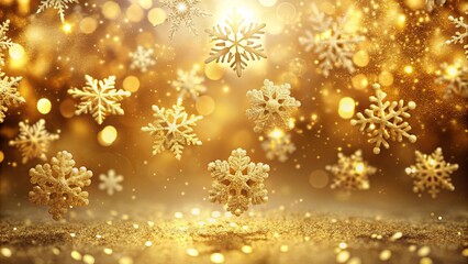 A shimmering backdrop of golden snowflakes falling gracefully onto a sparkling surface, evoking a sense of winter wonder and celebration.