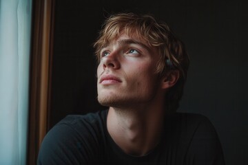 Obraz premium Young Man in a Dark Room Gazing Thoughtfully