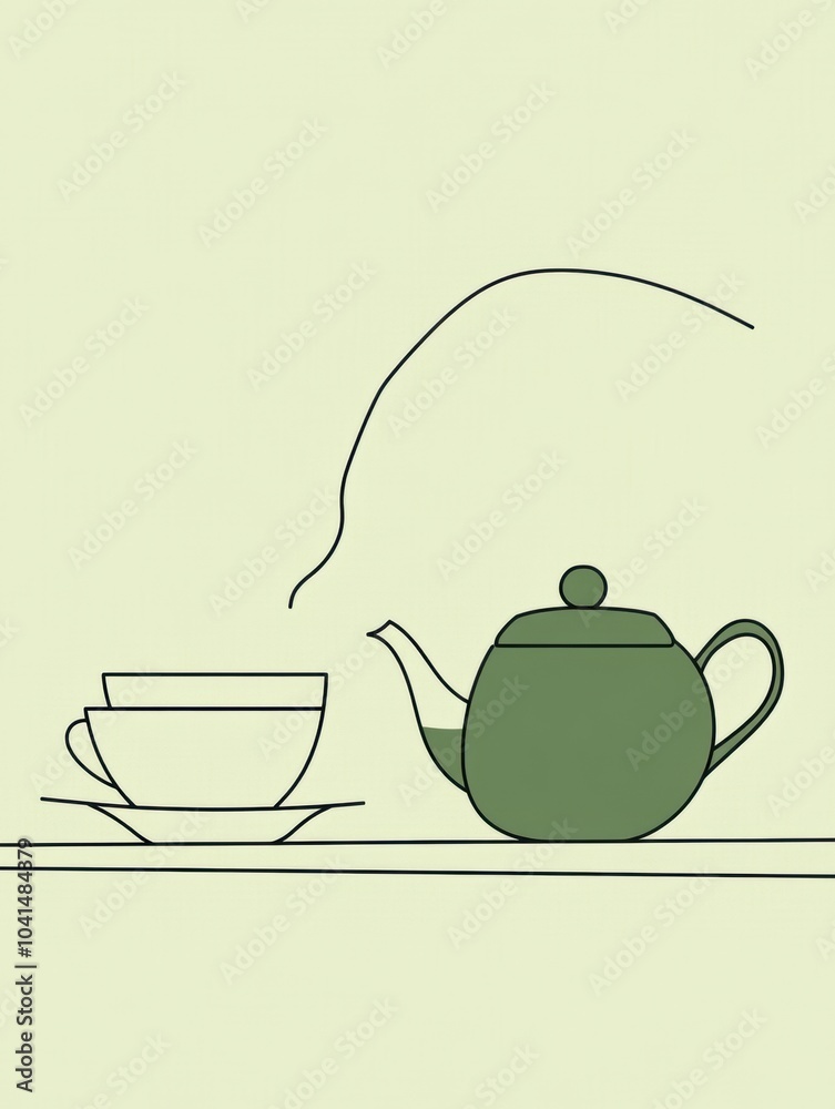 Poster A minimalistic design features a teapot and cup created with simple lines, emitting steam, set against a calming green backdrop. Generative AI