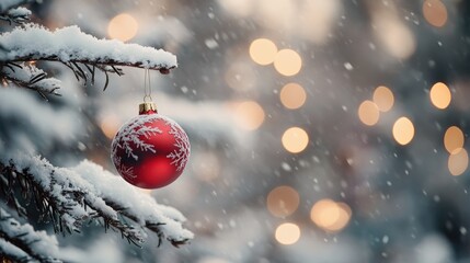 Red holiday ornament hanging on a snow covered tree surrounded by soft bokeh lights