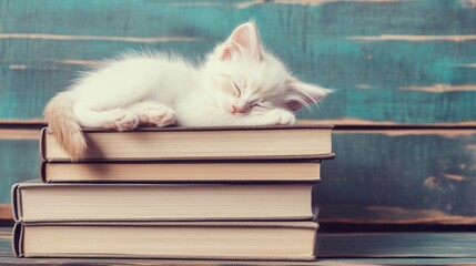 A serene white kitten peacefully sleeping atop a stack of neatly arranged books, embodying the concepts of calm relaxation in a cozy reading environment, perfect for book lovers, cat enthusiasts alike
