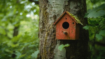 Red birdhouse mounted on a tree. This image can be used for home, nature, and wildlife themes.