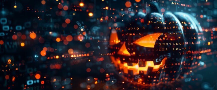 A glowing jack-o'-lantern overlaid with floating binary code and digital patterns. Halloween-themed image blending traditional pumpkin carving with a high-tech, cyber aesthetic - Powered by Adobe