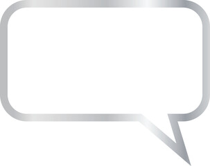 Naklejka premium 16x9 aspect ratio silver metallic speech bubble with rectangular shape, rounded corners. Blank outline talk balloon with sharp, downward-pointing triangular tail on the right, transparent background.