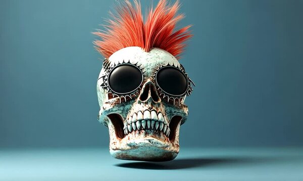 A skull with a mohawk and sunglasses