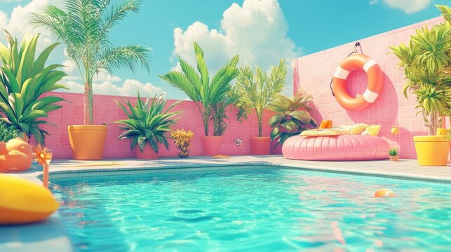 A pink pool surrounded by palm trees. This photo can be used to promote a summer vacation or tropical getaway.