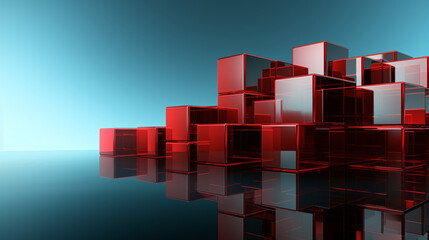 Transparent red glass cubes stacked on a reflective surface against a clear blue sky. Minimal modern business banner. Abstract background, wallpaper