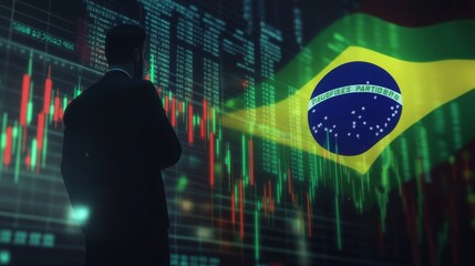 A businessman standing in front of a digital trading platform, economic growth, stock exchange with market chart, brazil economy and finance . investment trends global challenges.
