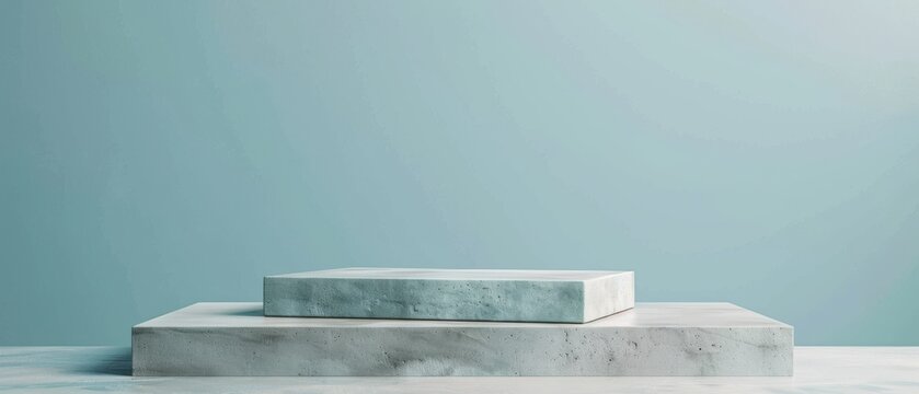 Two stacked rectangular concrete podiums in soft, muted tones, set against minimalist blue background. The industrial design and smooth surfaces create clean, modern setting ideal for product display