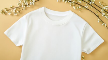 White women s cotton t shirt mockup on a craft paper background T shirt design template and print presentation mockup Flat lay from above